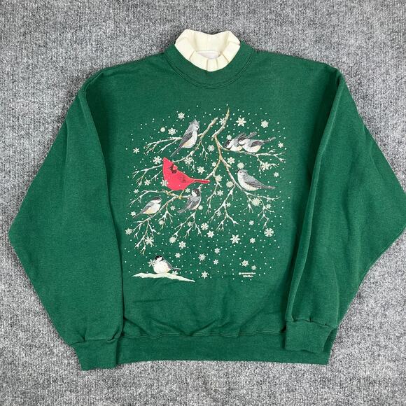 Vintage Birds Sweatshirt Womens Size L Green Cardinal Graphic Winter Crewneck - Picture 2 of 10